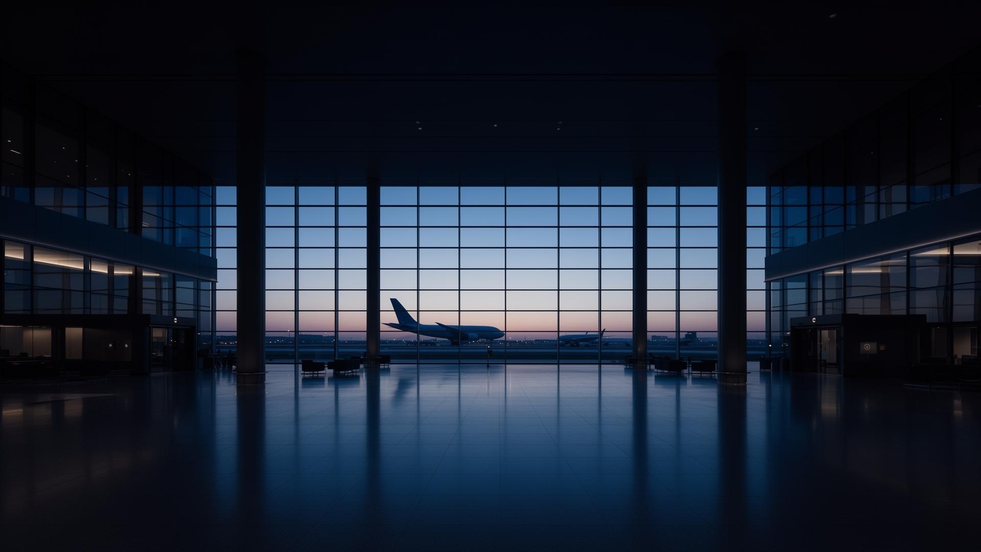 Modern luxury airport terminal at dusk